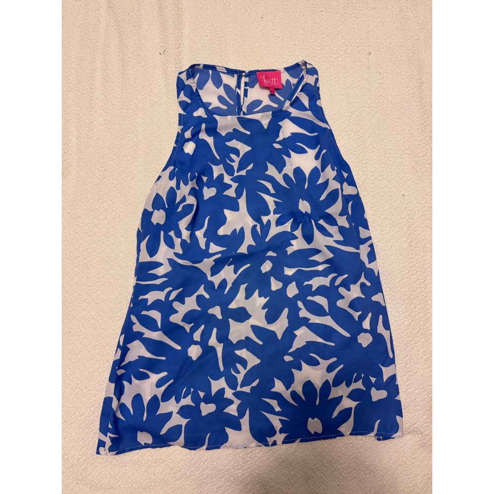Britt Ryan Blue White Floral Sleeveless Blouse Keyhole Back Top Size S